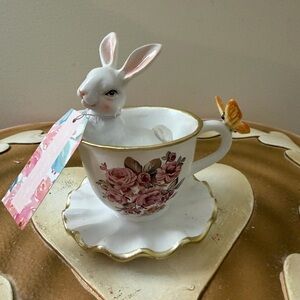Spring Gathering Resin Easter Bunny Rabbit in White Floral Teacup with Butterfly